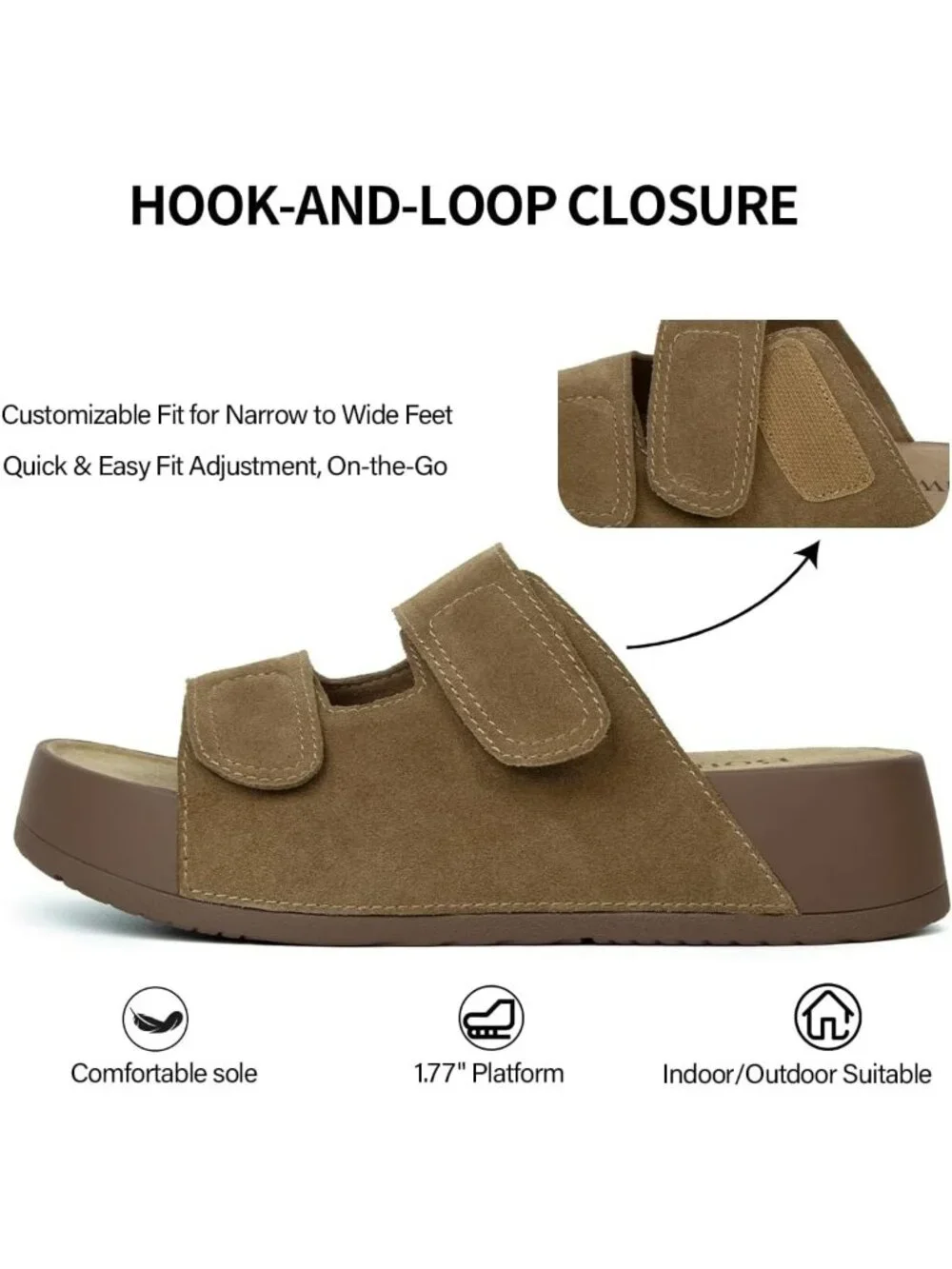 Women's Khaki Genuine Leather Slip on Beach Slide Buckle Platform Sandal Shoes